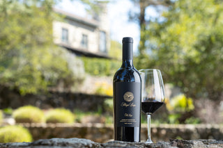 Stags' Leap Winery bottle and glass of red wine outdoors