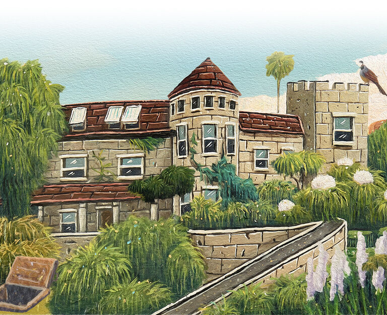 A colorful painting of The Stags’ Leap Winery Manor House and secret trap door to a speakeasy.
