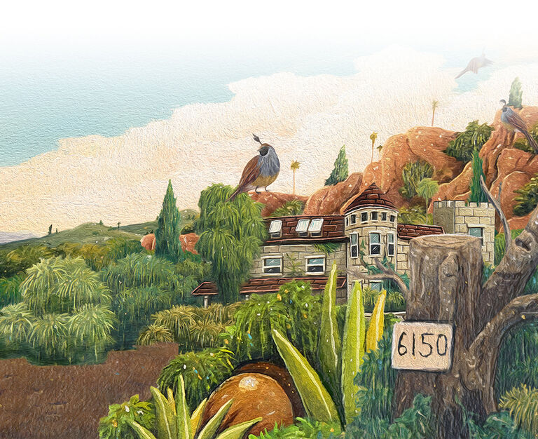 A colorful painting of a landscape with Stags’ Leap Winery Manor House and historic 6150 signage.