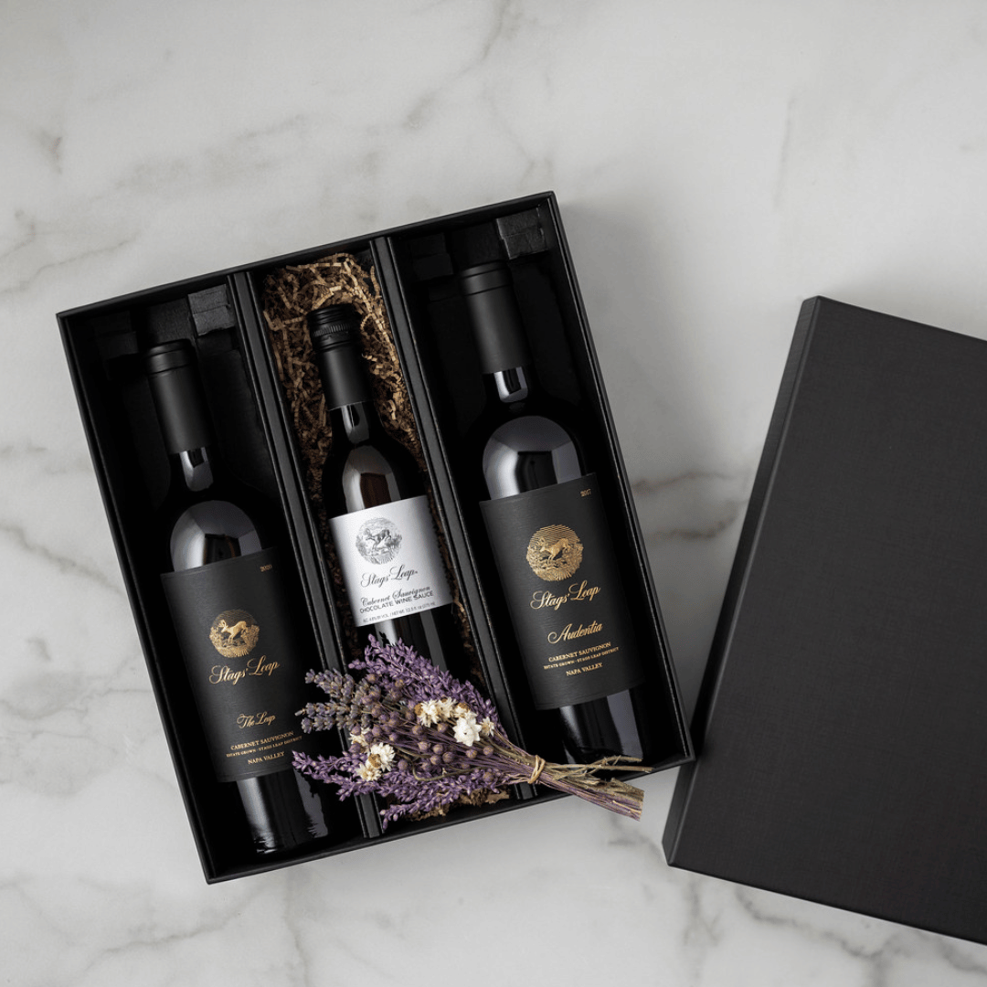 Gift set featuring Napa Valley chocolate wine sauce, The Leap Cabernet, and Audentia Cabernet