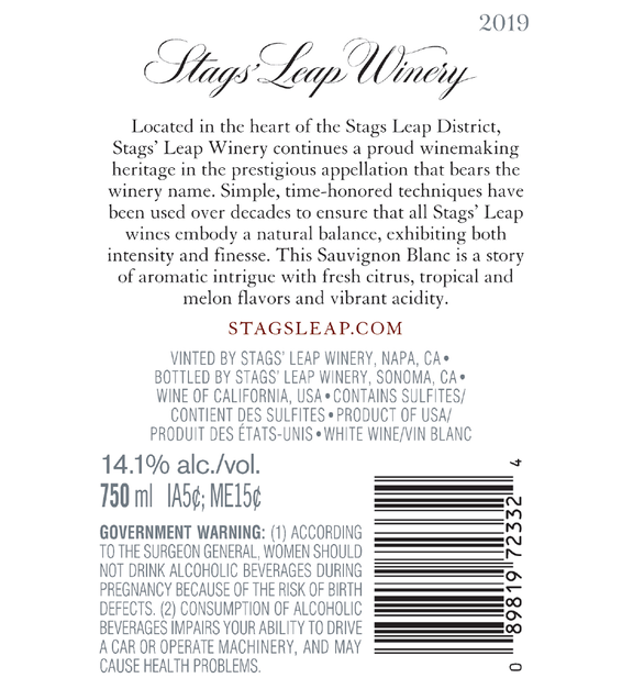 2019 Napa Valley Sauvignon Blanc Back Label