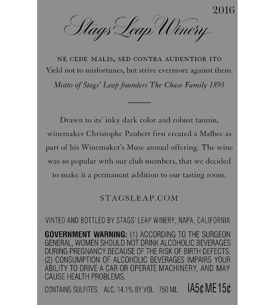 2016 Stags' Leap Napa Valley Malbec Back Label