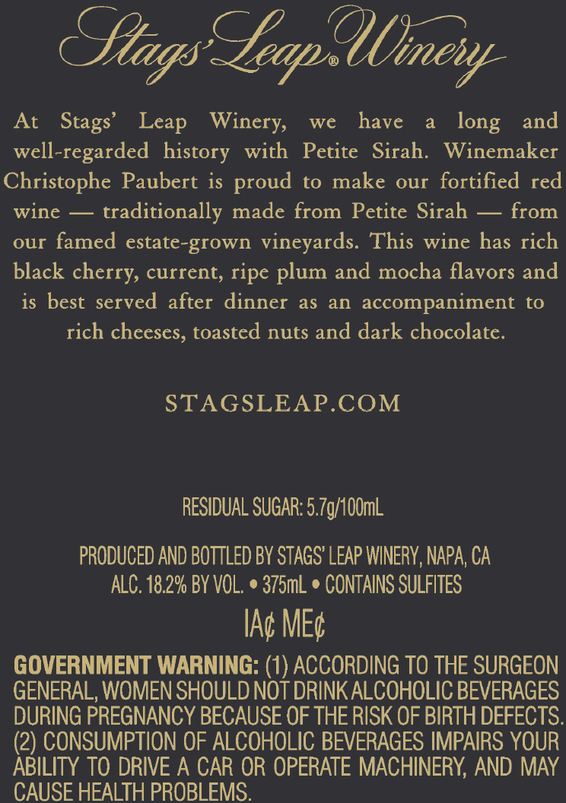 Stags' Leap Winery Fortified Petite Sirah 375 ml Back Label
