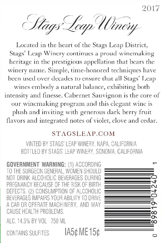 2017 Stags' Leap Cabernet Back Label