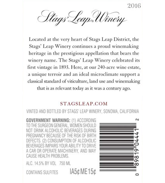 2016 Stags' Leap Napa Valley Merlot Back Label
