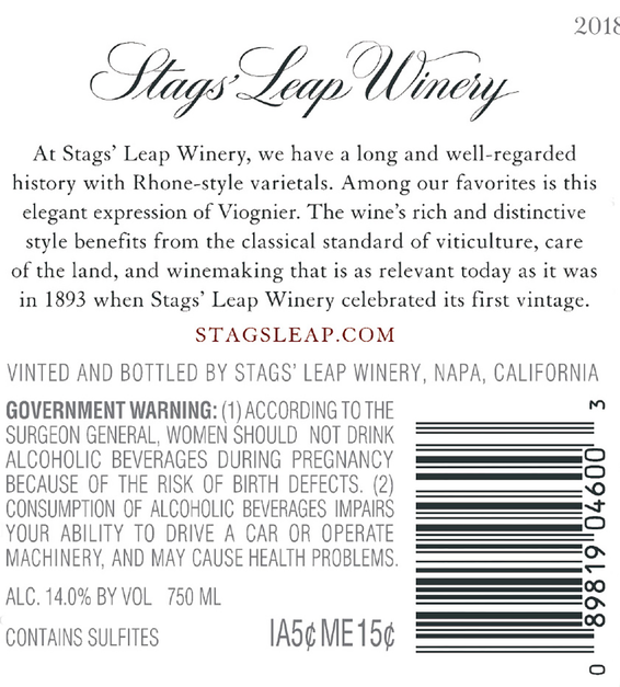 2018 Stags' Leap Napa Valley Viognier Back Label