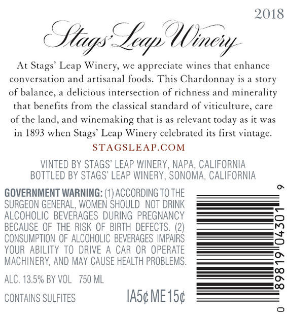 2018 Stags' Leap Napa Valley Chardonnay Back Label