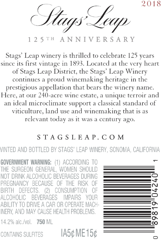 2018 Stags' Leap 125th Anniversary Napa Valley Cabernet Back Label